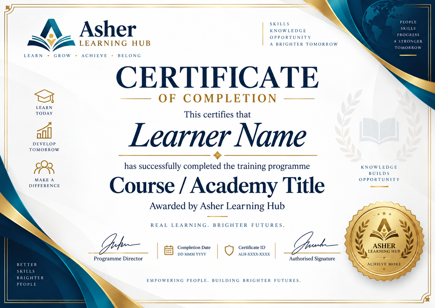 Asher Learning Hub Certificate of Completion preview